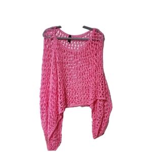 Venti6 Neon Pink Crochet Cropped Crochet Drop Shoulder Pink Top